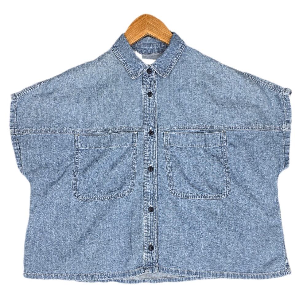 MADEWELL DENIM SHORT‑SLEEVE BUTTON‑UP SHIRT – WOMEN’S SIZE S – 100% COTTON